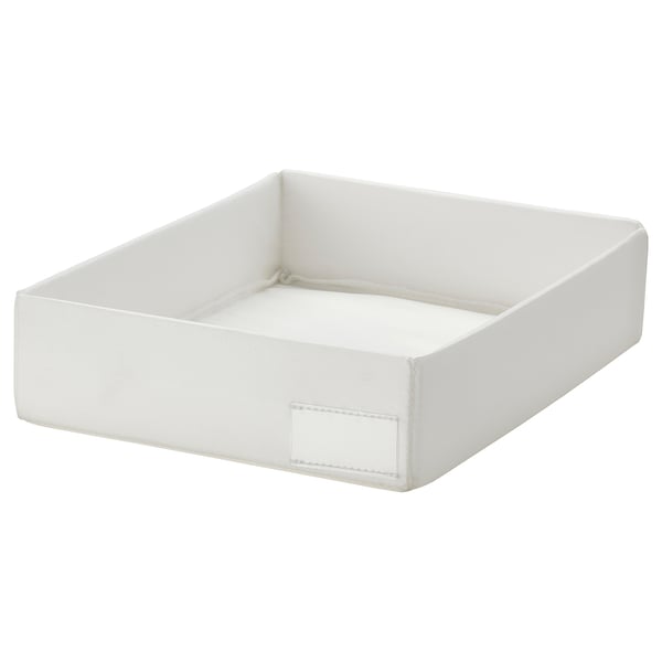 White STUK acrylic tray with polyester fabric, square shape, single label holder.