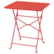 A bright red, foldable SUNDSÖ metal table with a square top and sturdy, cross-braced legs, ideal for small spaces.