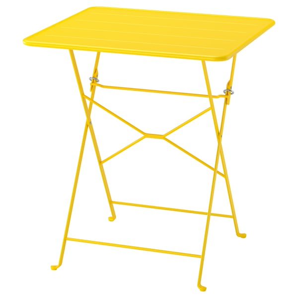 Bright yellow SUNDSÖ folding metal table with a rectangular top and sturdy legs, ideal for small spaces.