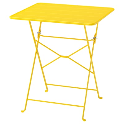 Bright yellow SUNDSÖ folding metal table with a rectangular top and sturdy legs, ideal for small spaces.