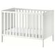 A white wooden SUNDVIK crib with adjustable mattress height and removable side panel, designed for baby safety and comfort.