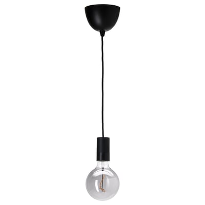 SUNNEBY led bulb: black, round glass, warm light, hanging cord.