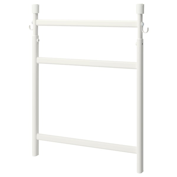 White wall-mounted storage rack with 2 bars for kitchenware, powder-coated steel, humidity-resistant.