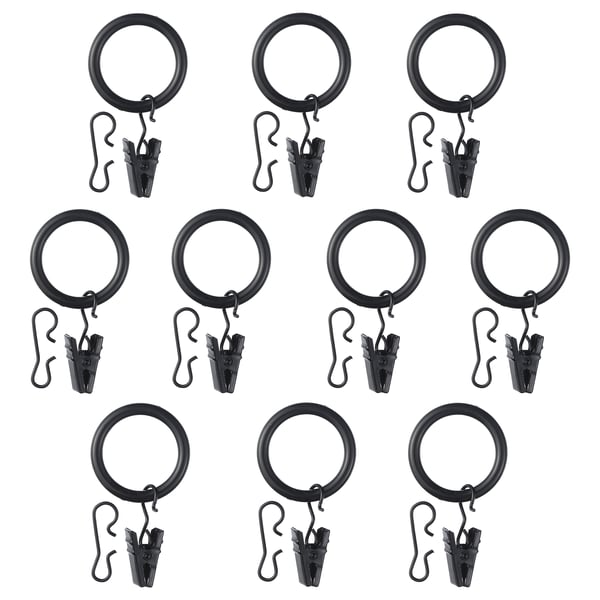 Black SYRLIG curtain ring set, 12 pieces with clips or hooks, abs plastic and steel, circular shape, versatile design.