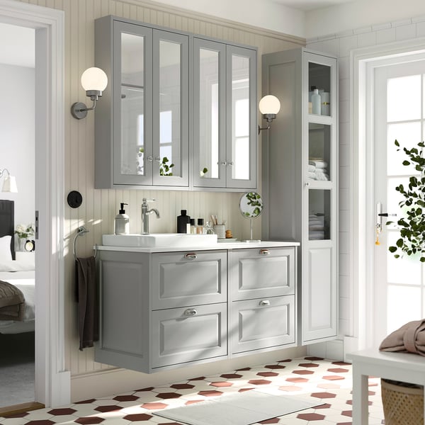 TÄNNFORSEN / ORRSJÖN Wash-stand/wash-basin, light grey/white marble effect, 122x49x71 cm