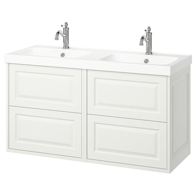 A TÄNNFORSEN white double bathroom vanity with two sinks and faucets, featuring classic design with beveled panels.