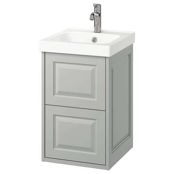 TÄNNFORSEN grey bathroom vanity, wall-mounted with two drawers and a square ceramic sink.