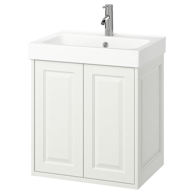 White TÄNNFORSEN wall-mount bathroom vanity, classic wooden design with bevelled edges, single deep basin, chrome faucet.