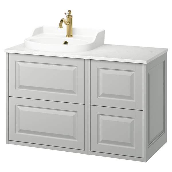 A TÄNNFORSEN light grey bathroom vanity set with a white marble countertop and a gold fixtures sink.