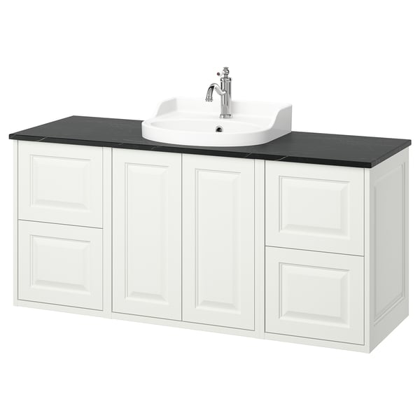 TÄNNFORSEN white vanity, classic design with black countertop, ceramic basin, chrome tap, wall-mounted.