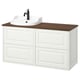 TÄNNFORSEN white vanity, wooden top, ceramic sink, wall-mounted, two drawers, black faucet.