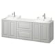 White double washbasin vanity, light grey cabinets.