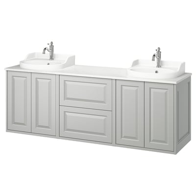 White double washbasin vanity, light grey cabinets.