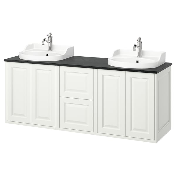 White TÄNNFORSEN double vanity set with sinks, chrome faucets, and dark countertop.