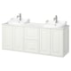 White TÄNNFORSEN double vanity with sinks, cabinets, chrome fixtures.