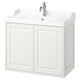 This image shows a TÄNNFORSEN white bathroom cabinet with a marble sink top and chrome faucet. It has two doors and a classic design.