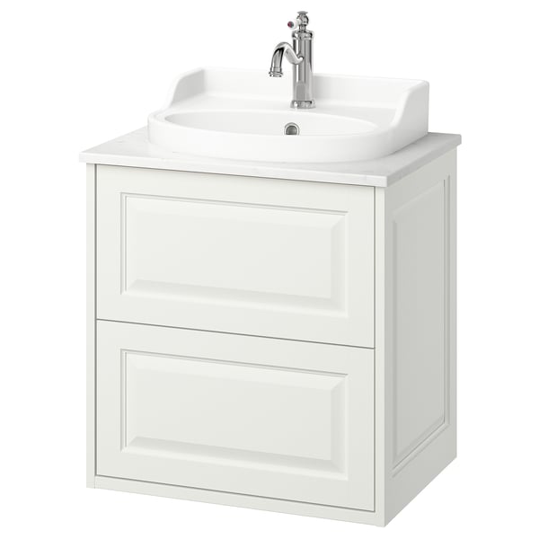 White TÄNNFORSEN vanity, classic design, ceramic sink, chrome faucet, drawers.