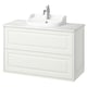 TÄNNFORSEN white bathroom vanity. Classic elegance with bevelled edges, wall-mount design, and a ceramic basin.