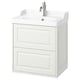 A white TÄNNFORSEN vanity with two drawers and a ceramic sink, showcasing a classic design with beveled edges and a chrome faucet.