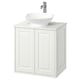 White TÄNNFORSEN vanity, round ceramic sink, chrome faucet, beveled cabinet edges.