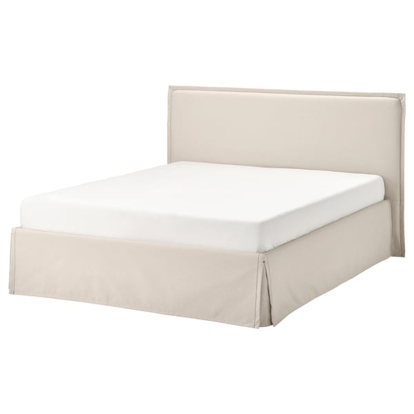 TÄRNKULLEN bed, beige, upholstered fabric, rectangular, padded headboard, clean design.