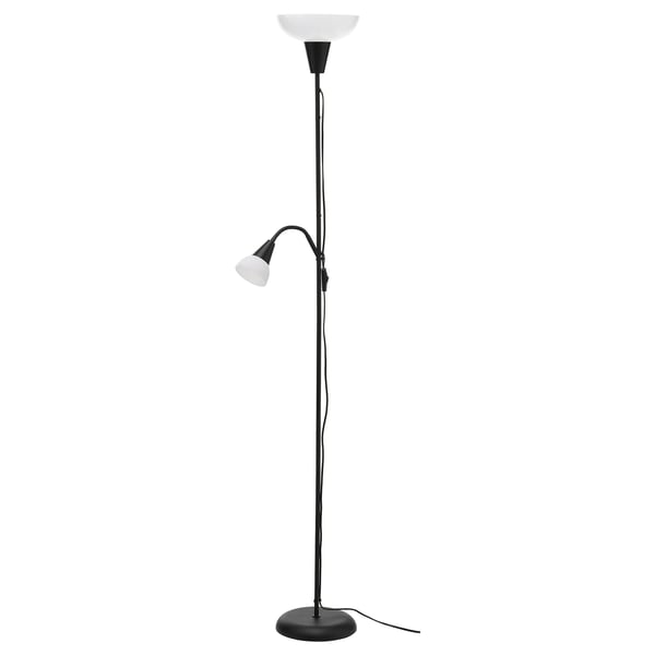 A black TÅGARP floor lamp with two lights, a main bulb and a flexible reading lamp.