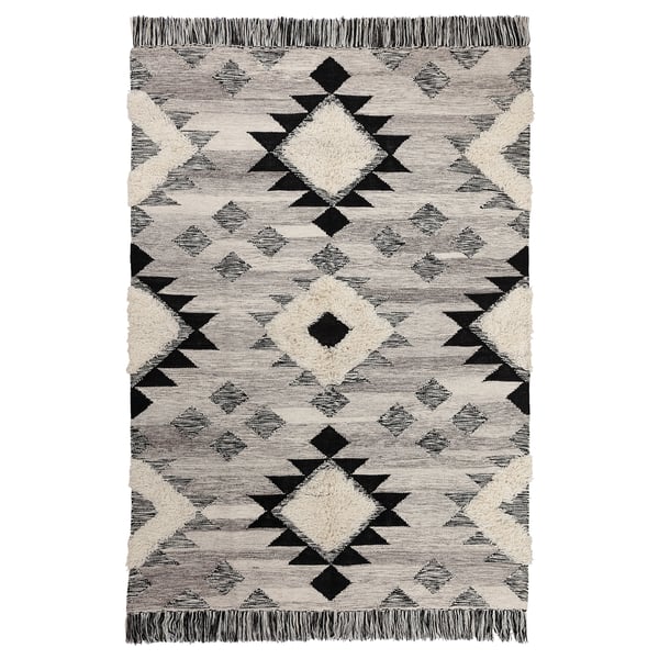 TANNISBY rug, black & white, wool & cotton, geometric designs, long fringes.