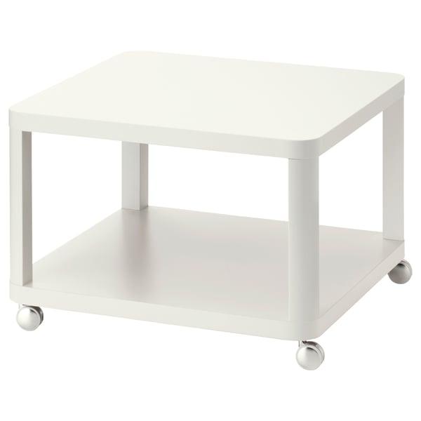 White rolling side table with two shelves, featuring four chrome casters for easy mobility. Modern minimalist design with clean lines.