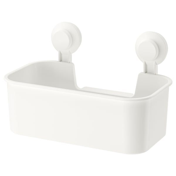 A white TISKEN wall-mounted storage basket with suction cups for easy installation.