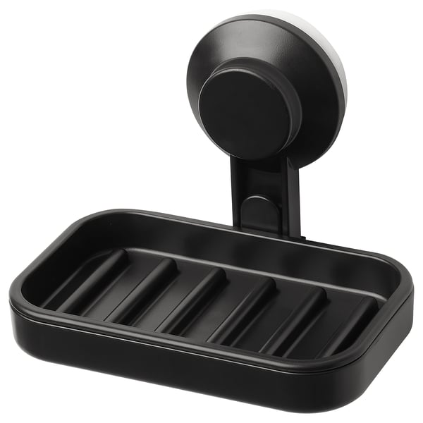 Black TISKEN suction soap dish, rectangular with ridged base, wall-mounted, abs plastic.
