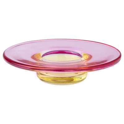 TJÄRLEK: pink-yellow glass tealight holder, round, with a slightly uneven surface.