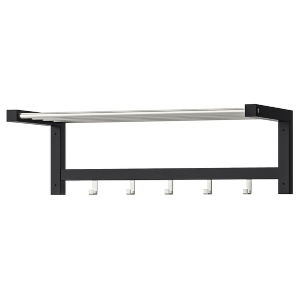 A TJUSIG black wall-mounted coat rack with hooks and a shelf, made of wood, metal, and stainless steel.