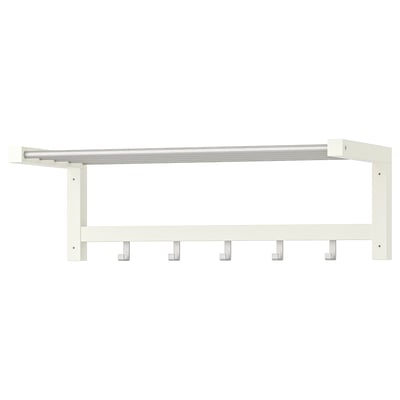 A TJUSIG wall-mounted organiser in white with a wooden frame, five metal hooks, and a metal bar on top.