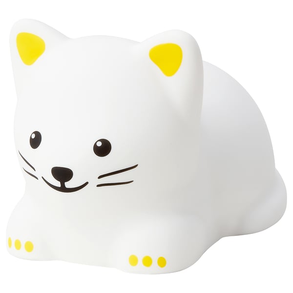 TÖVÄDER white cat night light with yellow accents, made of silicone and plastic, designed for kids.