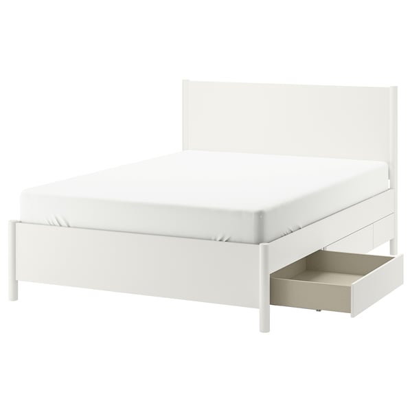 This image depicts a white TONSTAD bed with a classic design and soft-close drawers for storage. The bed frame is sturdy and adjustable bed sides.