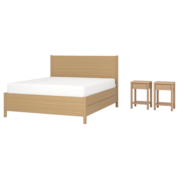 Wooden bed & nightstands in light oak, simple design. Bed has high headboard & 4 drawers; nightstands have 1 drawer each.
