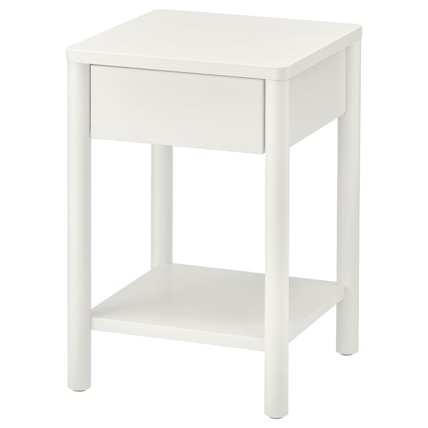 White TONSTAD bedside table with drawer and shelf, round legs, off-white finish.