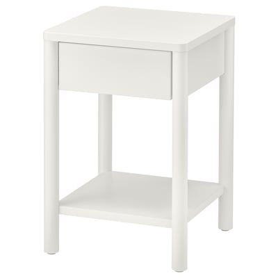 White TONSTAD bedside table with drawer and shelf, round legs, off-white finish.