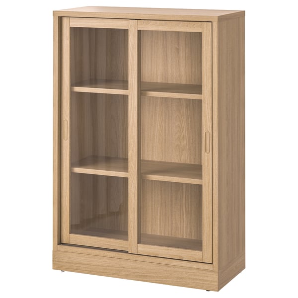 TONSTAD light oak cabinet with sliding glass doors, rectangular shape, four shelves, modern design.