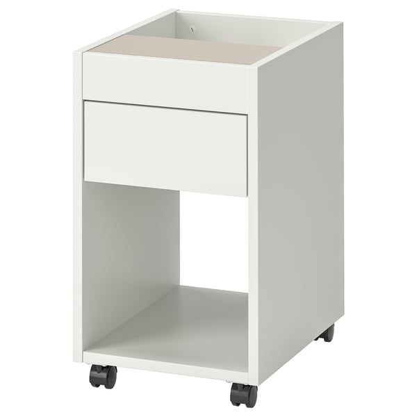A white TONSTAD drawer unit. It has a minimalist design with four black wheels for easy movement. It one drawer and an open shelf below.