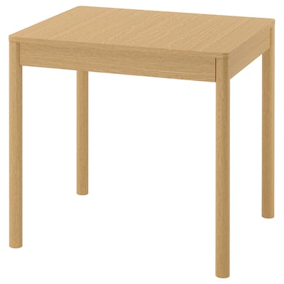 Square oak dining table with four legs, light brown, wooden, minimalist design.