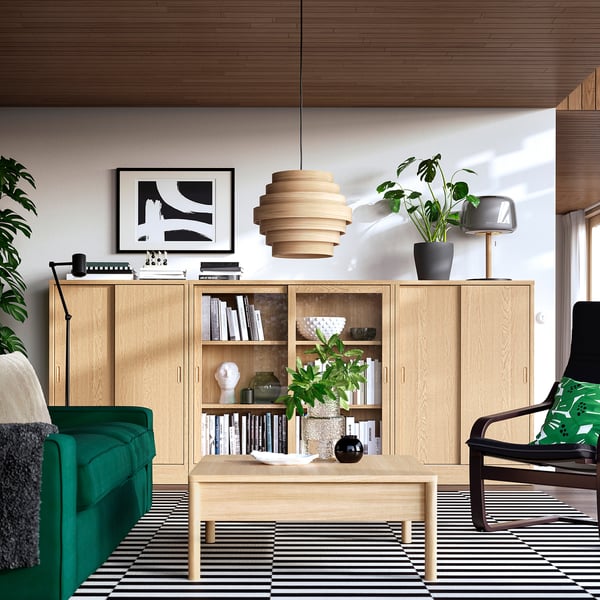 Modern living room with green sofa, wooden cabinet, black rug, plant, and unique light fixture.