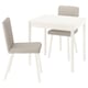 Small white dining set with two chairs and an extendable table, featuring light grey cushioned seats and backs.