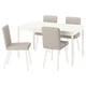 A TONSTAD dining set with a white square table and four beige fabric chairs.