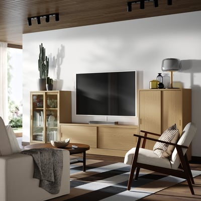 Modern living room with TONSTAD tv unit, white chairs, rug, and cactus. Tv bench has sliding doors and shelves. Chairs have black-and-white pillows.