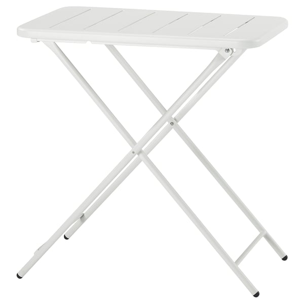 A white TORPARÖ outdoor table, foldable, with a square top and metal legs. Its compact and practical design makes it suitable for various spaces.
