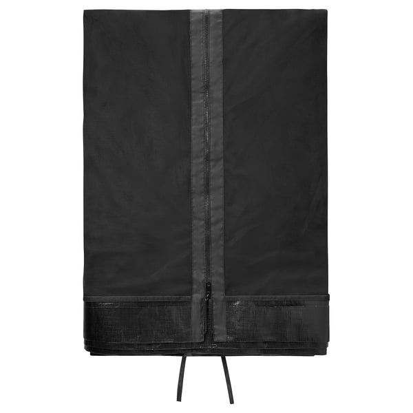 Black mesh net parasol cover with zip and straps for outdoor protection.