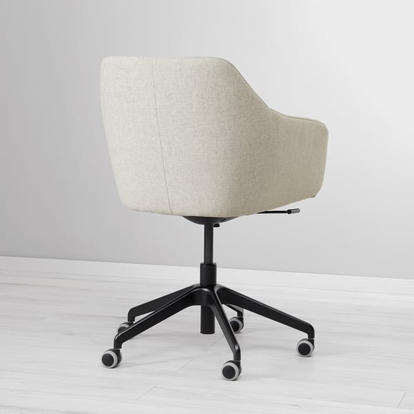 Ergonomic office chair with soft padding, 5 castors, back support, and tilt adjustment.