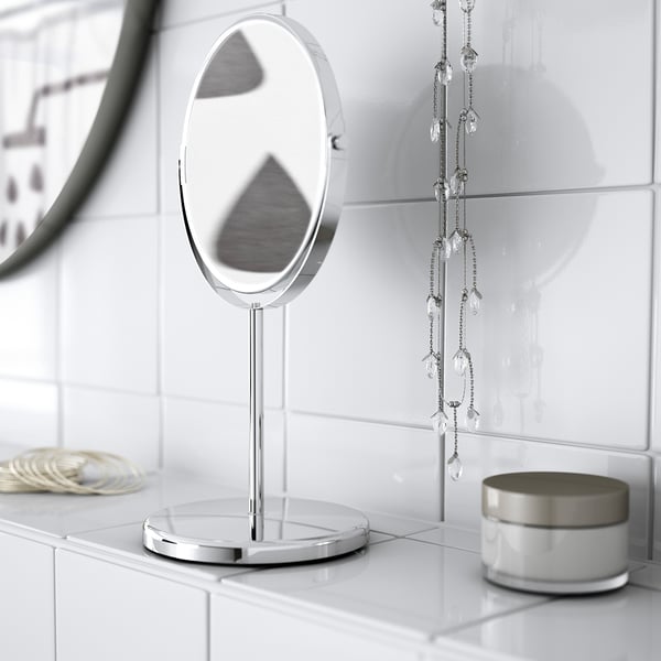 Tabletop vanity mirror with base, regular & 2. 5x magnifying sides, water-resistant for bathroom.