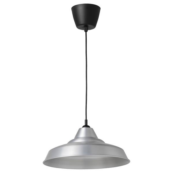 Silver pendant lamp with black cord, classic design, metal.